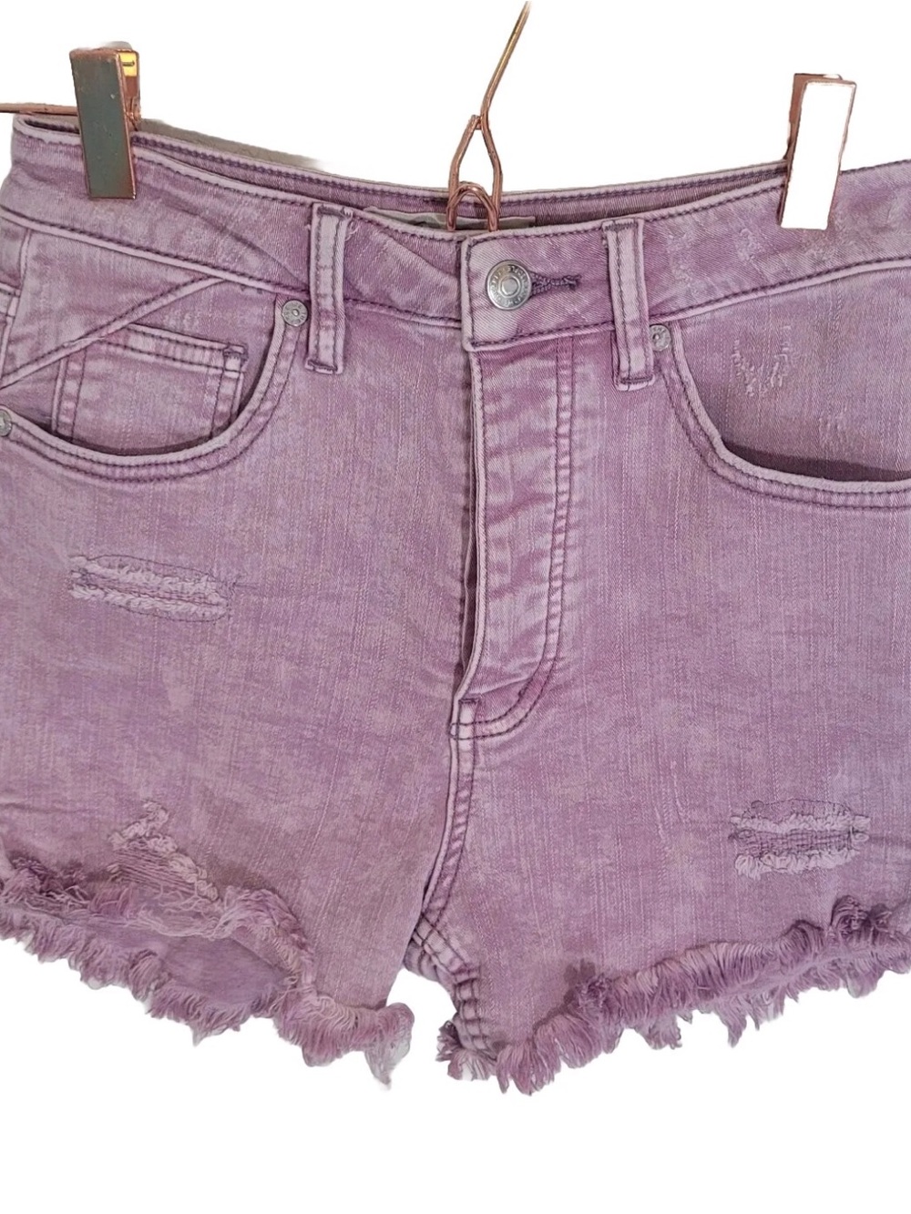 We The Free Curvy Button Fly High-Rise Distressed Lilac Denim Shorts